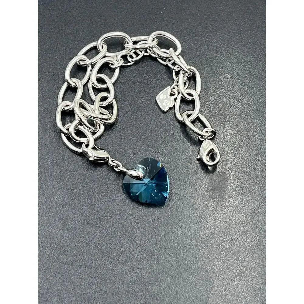 Swarovski Signed Heart Bracelet Birthstone Blue Aquamarine Heart Something Blue - Picture 8 of 10